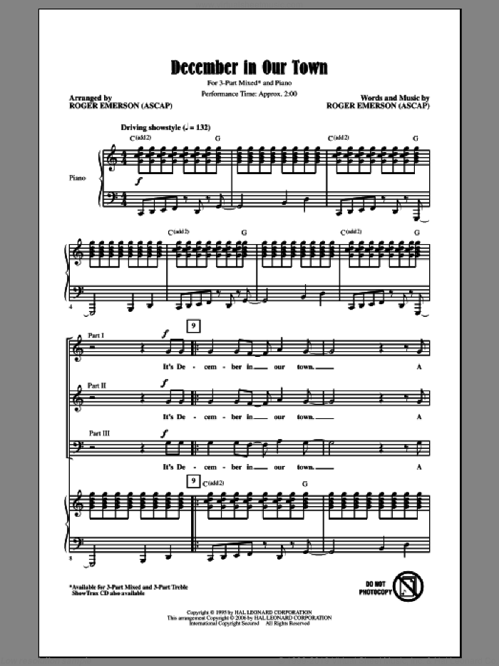 December In Our Town sheet music for choir (3-Part Mixed) by Roger Emerson, intermediate skill level