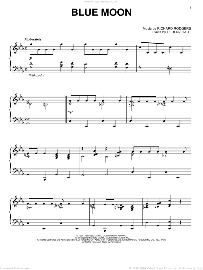 Blue Moon, (intermediate) sheet music for piano solo by Rodgers & Hart, Elvis Presley, Lorenz Hart, Richard Rodgers and The Marcels, intermediate skill level