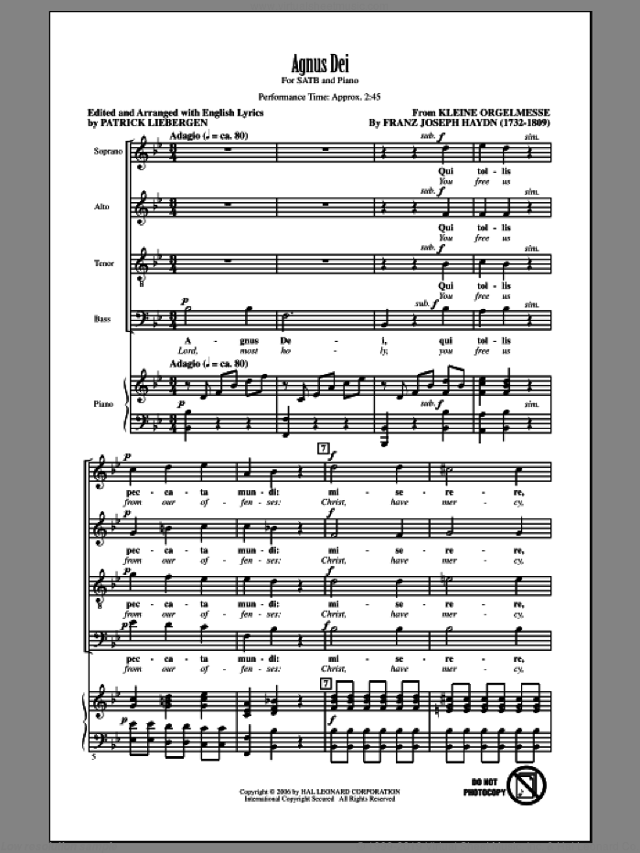 Agnus Dei sheet music for choir (SATB: soprano, alto, tenor, bass) by Franz Joseph Haydn and Patrick Liebergen, classical score, intermediate skill level