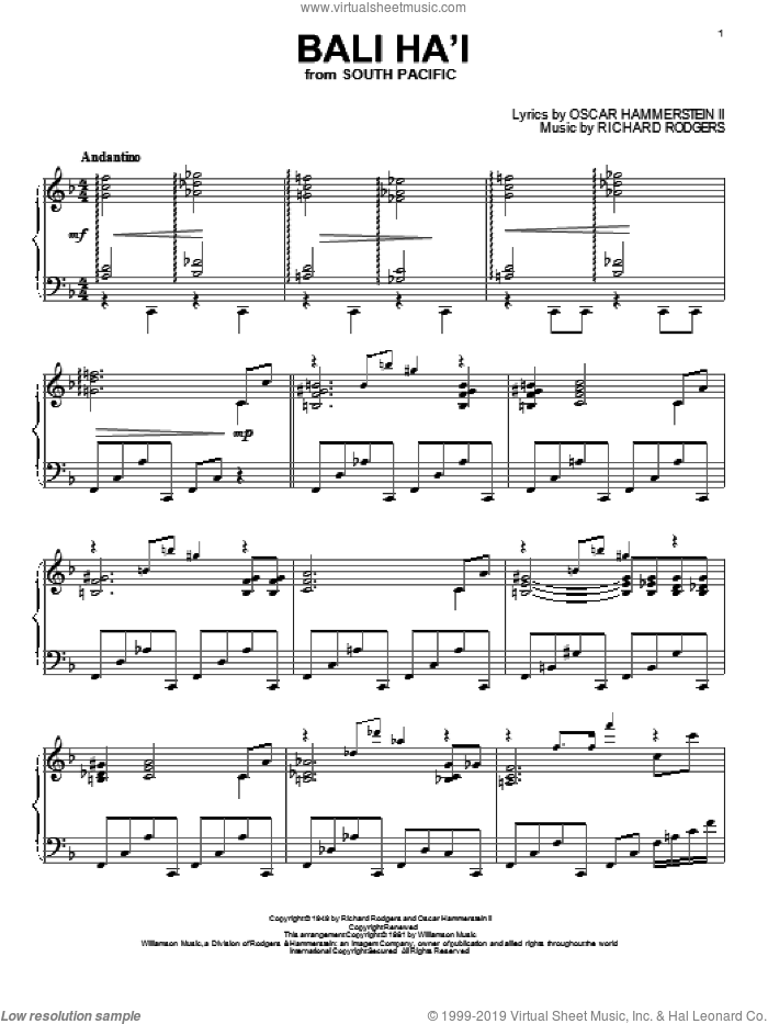 Bali Ha'i sheet music for piano solo by Rodgers & Hammerstein, Oscar II Hammerstein and Richard Rodgers, intermediate skill level
