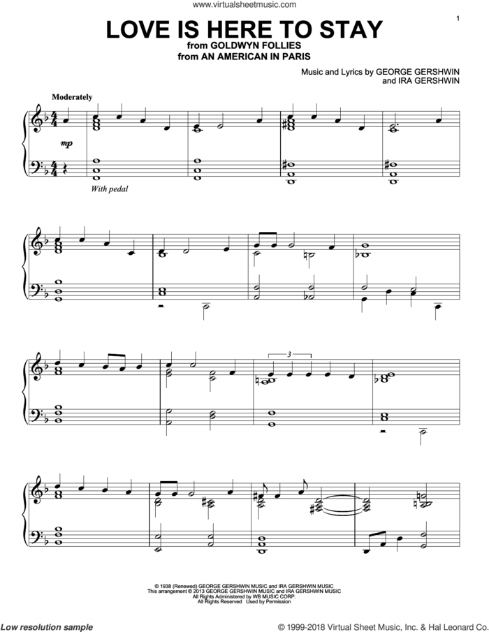 Love Is Here To Stay sheet music for piano solo by George Gershwin and Ira Gershwin, intermediate skill level
