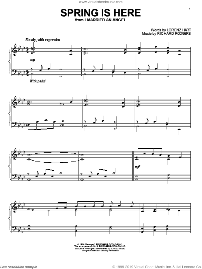 Spring Is Here sheet music for piano solo by Rodgers & Hart, Lorenz Hart and Richard Rodgers, intermediate skill level