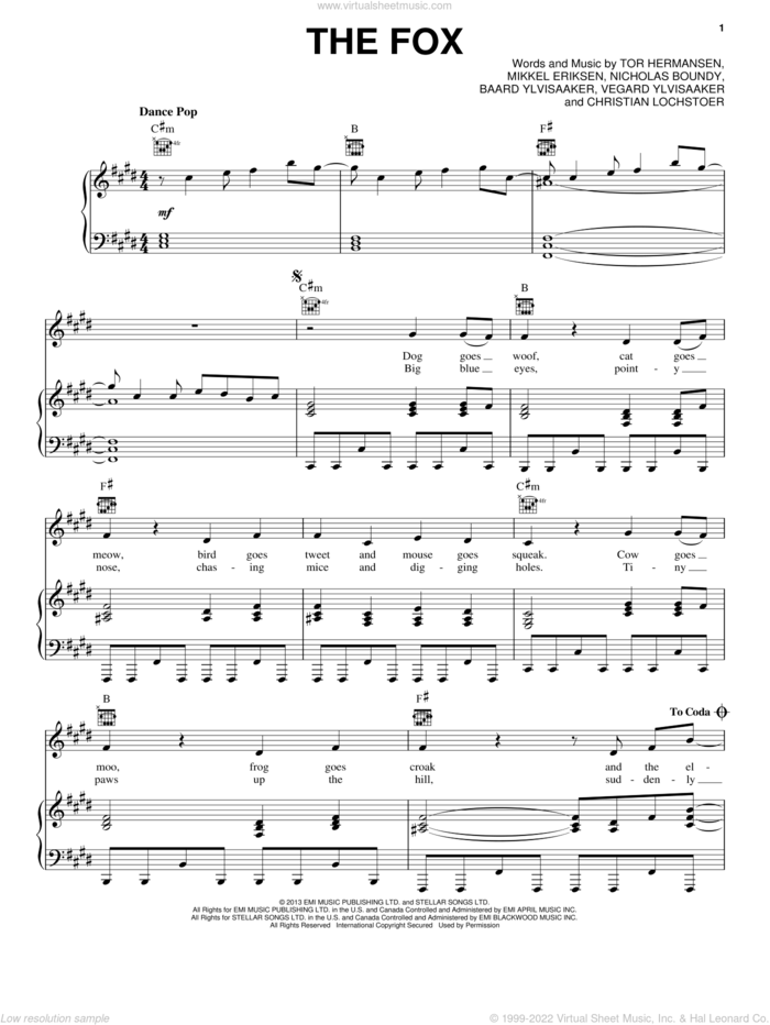 The Fox (What Does The Fox Say?) sheet music for voice, piano or guitar by Ylvis, intermediate skill level