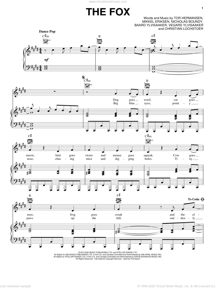 The Fox (What Does The Fox Say?) sheet music for voice, piano or guitar by Ylvis, intermediate skill level