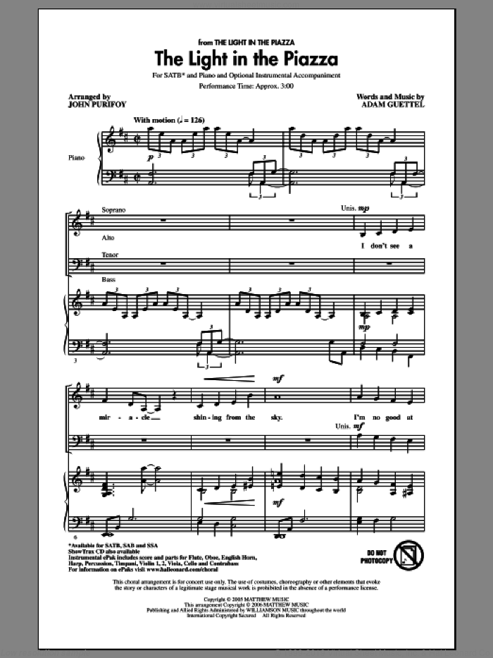 The Light In The Piazza (arr. John Purifoy) sheet music for choir (SATB: soprano, alto, tenor, bass) by John Purifoy and Adam Guettel, intermediate skill level