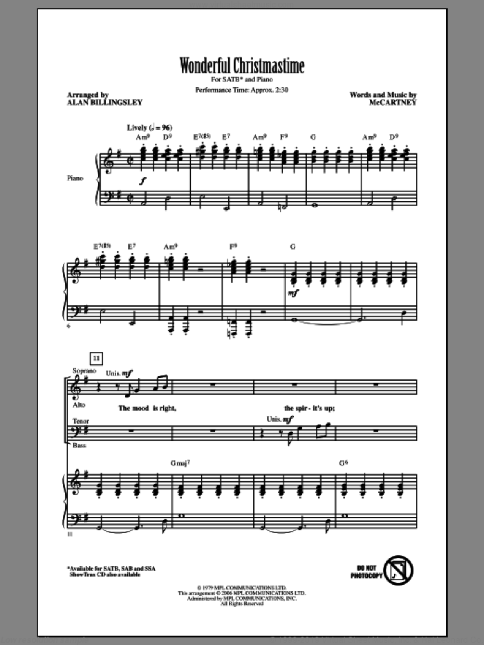 Wonderful Christmastime (arr. Alan Billingsley) sheet music for choir (SATB: soprano, alto, tenor, bass) by Paul McCartney and Alan Billingsley, intermediate skill level