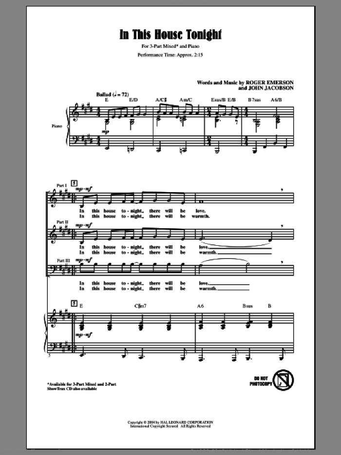 In This House Tonight sheet music for choir (3-Part Mixed) by Roger Emerson and John Jacobson, intermediate skill level