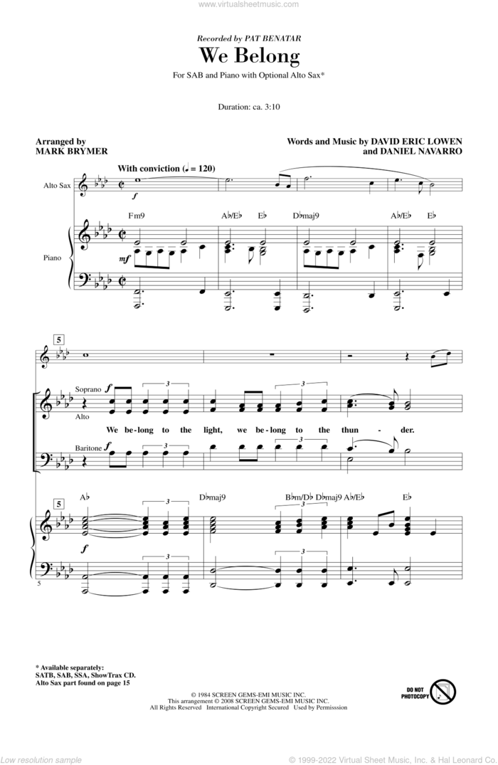 We Belong sheet music for choir (SAB: soprano, alto, bass) by Mark Brymer and Pat Benatar, intermediate skill level