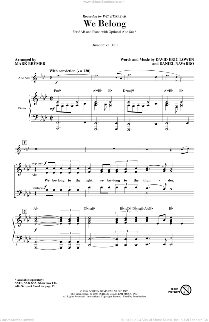 We Belong sheet music for choir (SAB: soprano, alto, bass) by Mark Brymer and Pat Benatar, intermediate skill level