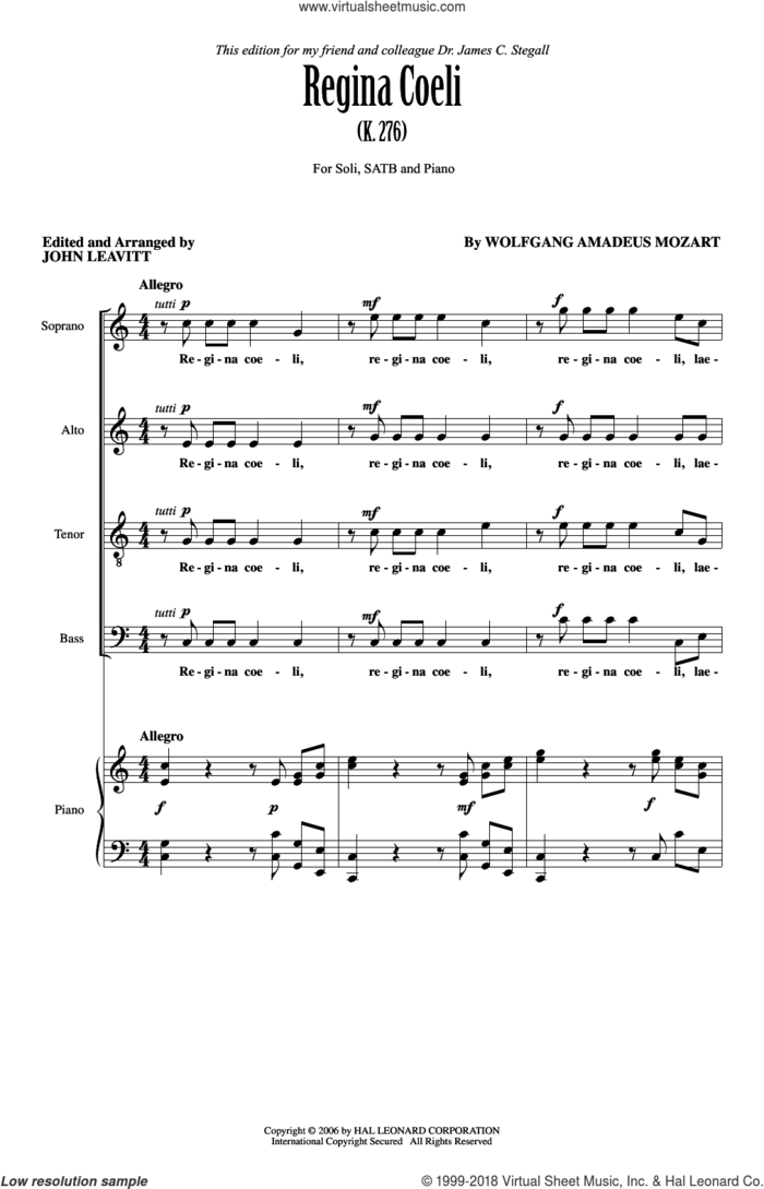 Regina Coeli KV276 sheet music for choir (SATB: soprano, alto, tenor, bass) by Wolfgang Amadeus Mozart and John Leavitt, intermediate skill level