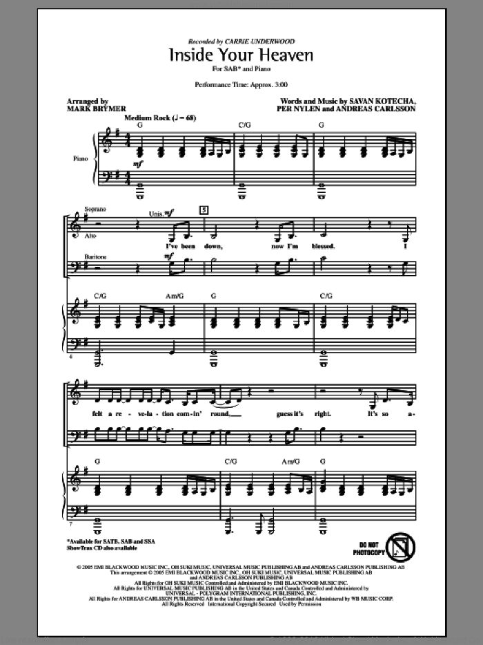 Inside Your Heaven sheet music for choir (SAB: soprano, alto, bass) by Mark Brymer and Carrie Underwood, intermediate skill level