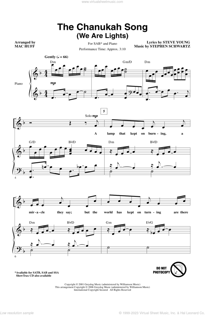 The Chanukah Song (We Are Lights) sheet music for choir (SAB: soprano, alto, bass) by Mac Huff, Stephen Schwartz and Steve Young, intermediate skill level