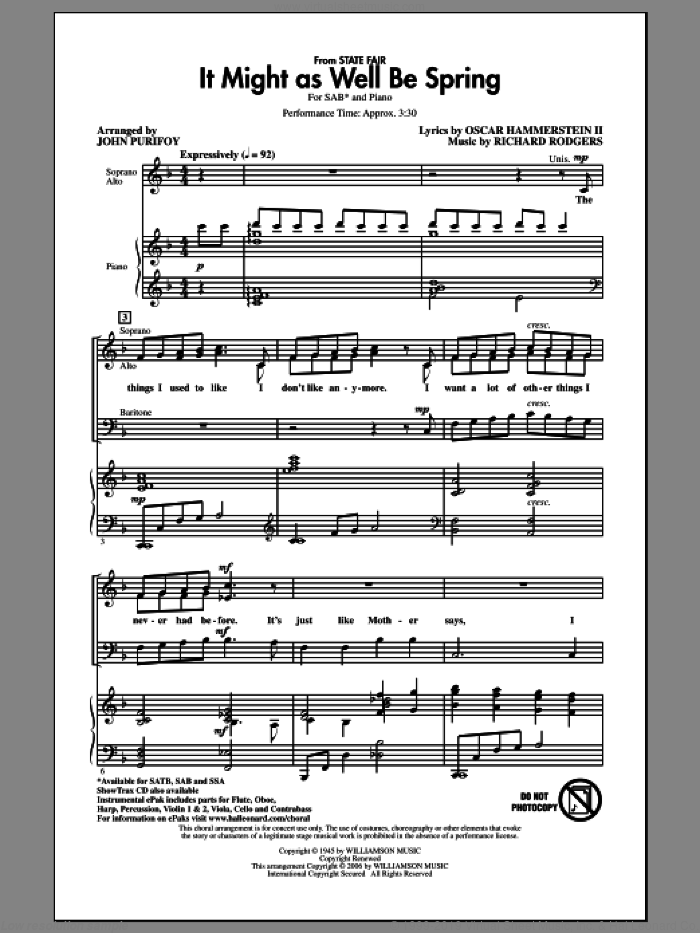 It Might As Well Be Spring sheet music for choir (SAB: soprano, alto, bass) by Richard Rodgers, John Purifoy and Oscar II Hammerstein, intermediate skill level