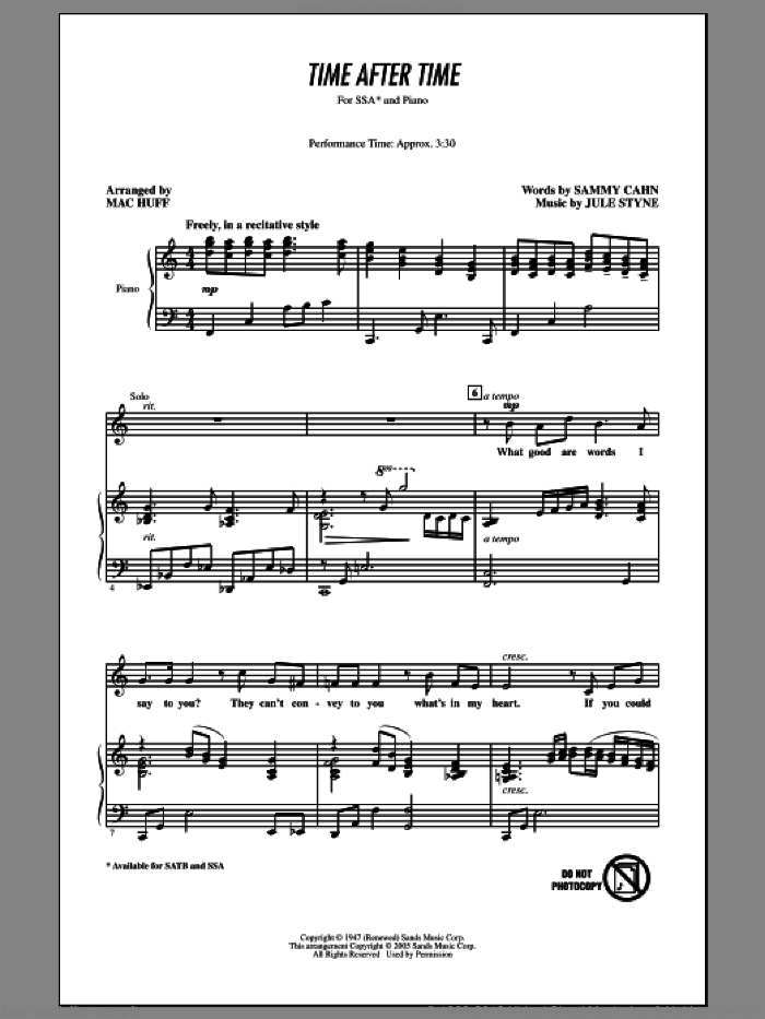 Time After Time (arr. Mac Huff) sheet music for choir (SATB: soprano, alto, tenor, bass) by Frank Sinatra, Jule Styne, Mac Huff and Sammy Cahn, intermediate skill level