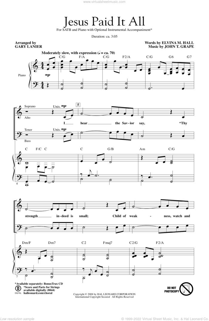 Jesus Paid It All sheet music for choir (SATB: soprano, alto, tenor, bass) by Elvina M. Hall, Gary Lanier and John T. Grape, intermediate skill level