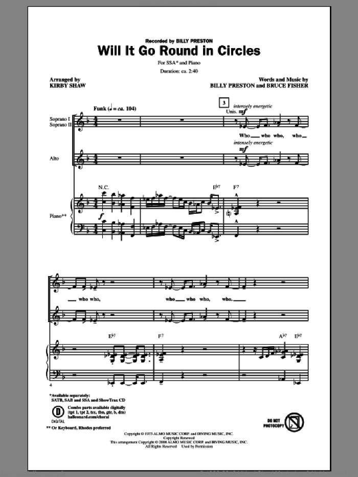 Will It Go Round In Circles sheet music for choir (SSA: soprano, alto) by Kirby Shaw, Billy Preston and Bruce Fisher, intermediate skill level