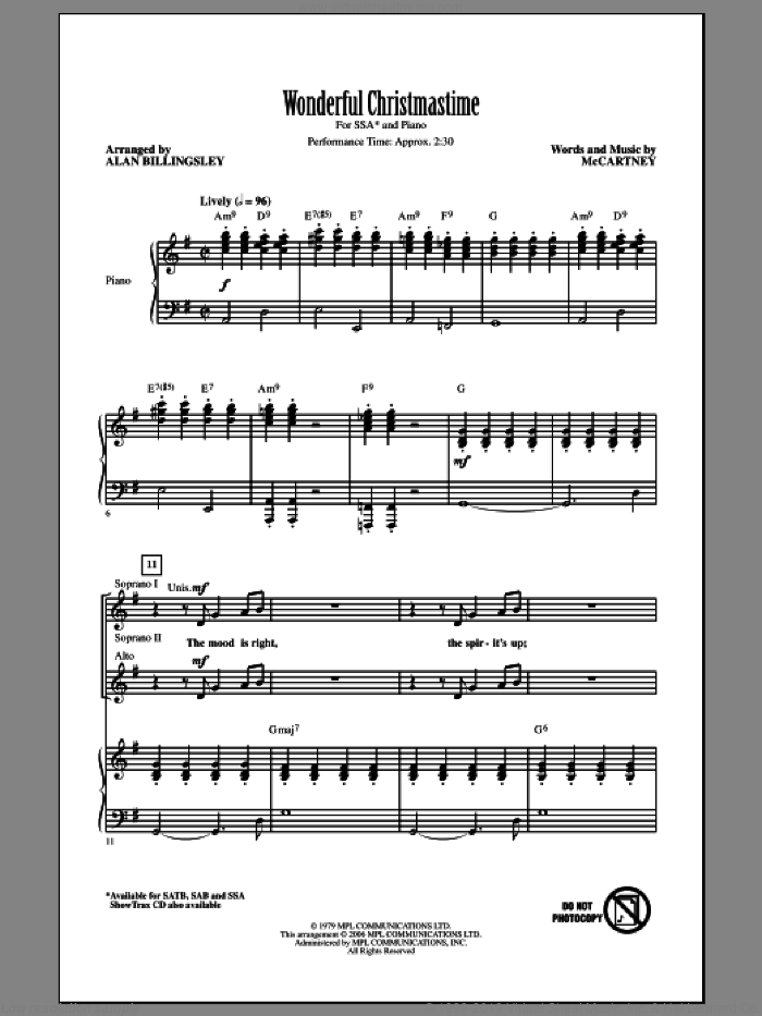 Wonderful Christmastime (arr. Alan Billingsley) sheet music for choir (SSA: soprano, alto) by Paul McCartney and Alan Billingsley, intermediate skill level
