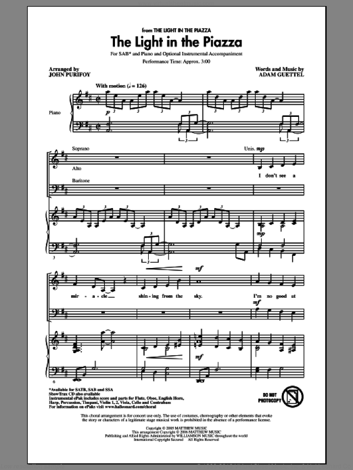The Light In The Piazza (arr. John Purifoy) sheet music for choir (SAB: soprano, alto, bass) by John Purifoy and Adam Guettel, intermediate skill level
