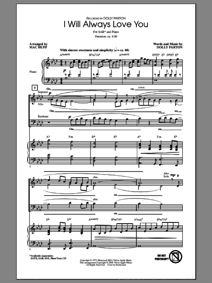 I Will Always Love You (arr. Mac Huff) sheet music for choir (SAB: soprano, alto, bass) by Mac Huff, Dolly Parton and Whitney Houston, intermediate skill level