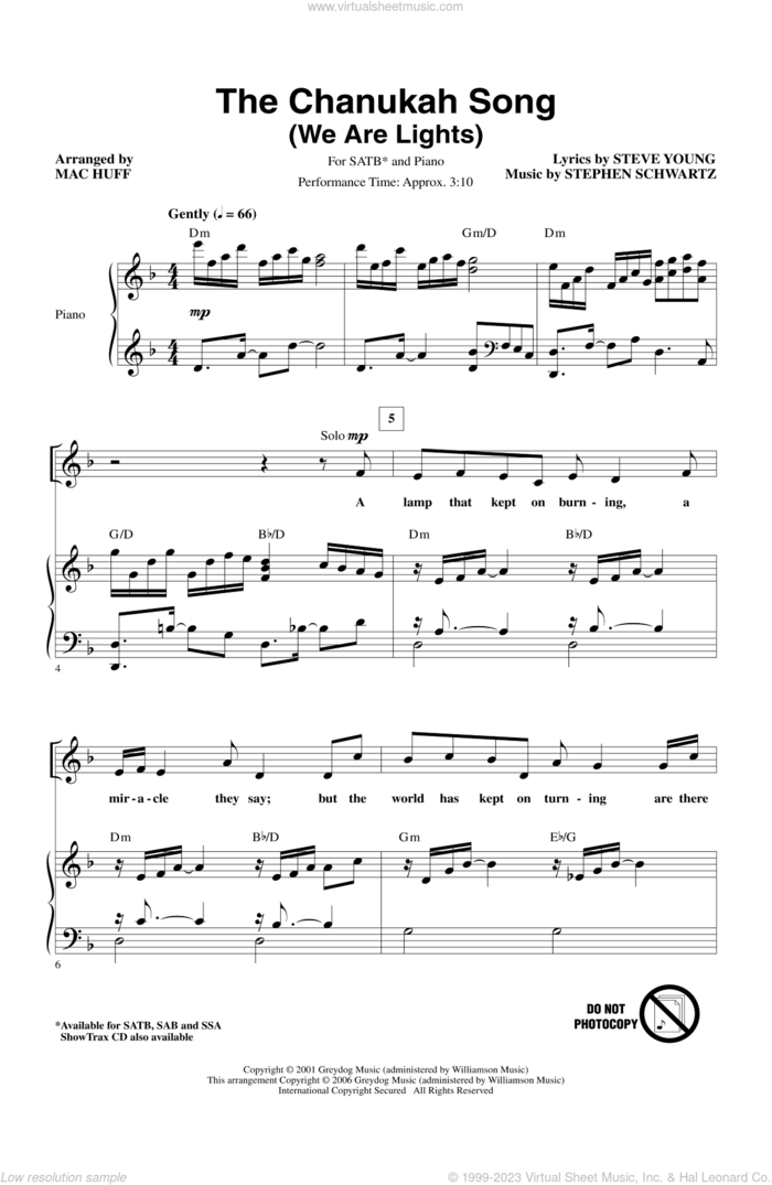 The Chanukah Song (We Are Lights) sheet music for choir (SATB: soprano, alto, tenor, bass) by Mac Huff, Stephen Schwartz and Steve Young, intermediate skill level