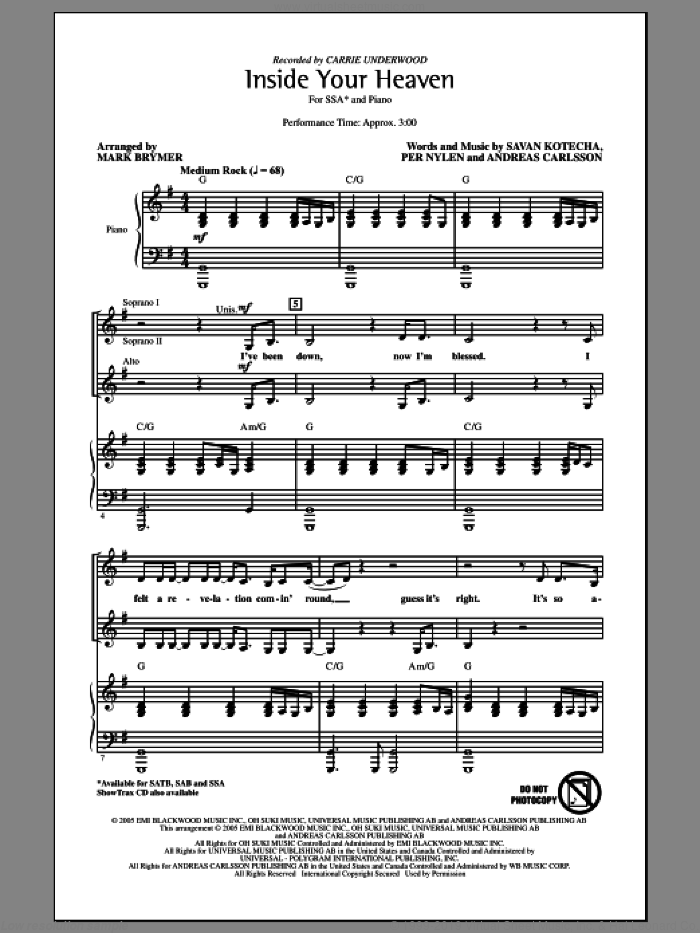 Inside Your Heaven sheet music for choir (SSA: soprano, alto) by Mark Brymer and Carrie Underwood, intermediate skill level