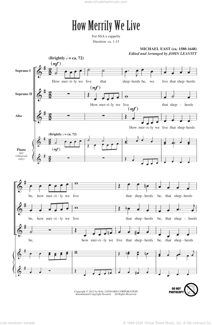 How Merrily We Live sheet music for choir (SSA: soprano, alto) by John Leavitt and Michael East, intermediate skill level