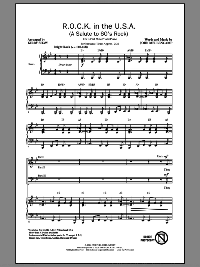 R.O.C.K. In The U.S.A. (A Salute To 60's Rock) sheet music for choir (3-Part Mixed) by Kirby Shaw and John Mellencamp, intermediate skill level