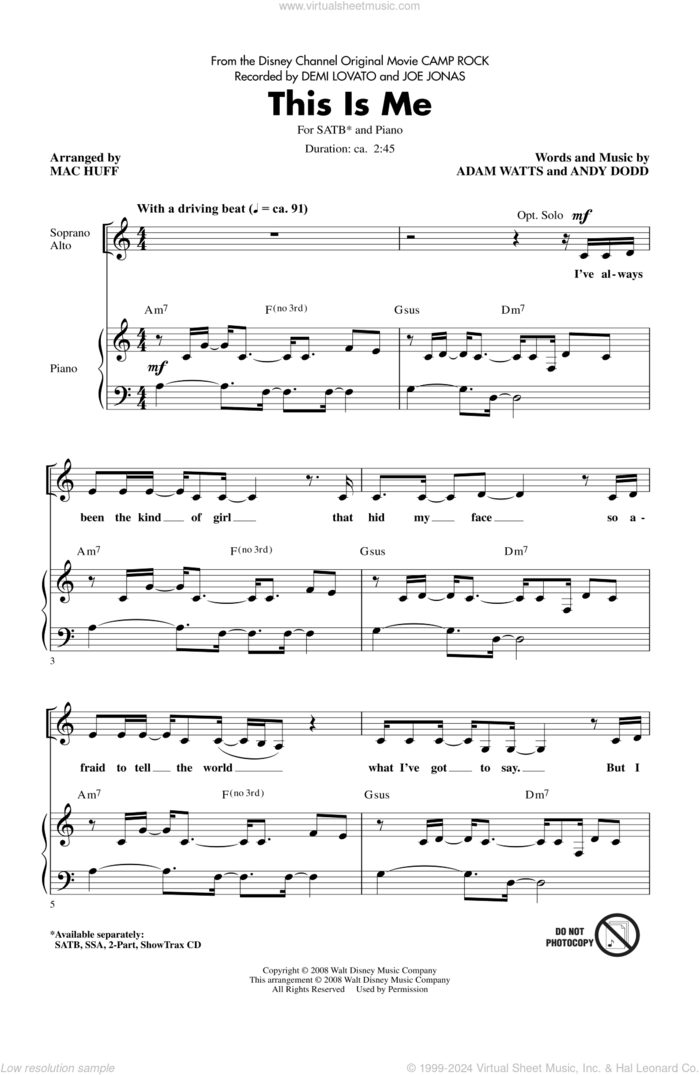 This Is Me (from Camp Rock) (arr. Mac Huff) sheet music for choir (SATB: soprano, alto, tenor, bass) by Demi Lovato & Joe Jonas, Adam Watts, Andy Dodd and Mac Huff, intermediate skill level