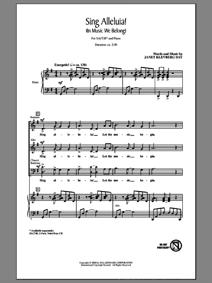 Sing Alleluia! (In Music We Belong) sheet music for choir (SATB: soprano, alto, tenor, bass) by Janet Day and Janet Klevberg Day, intermediate skill level