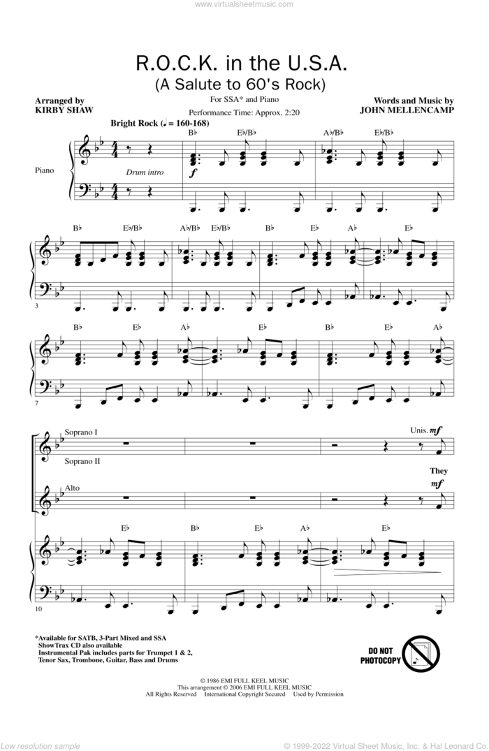 R.O.C.K. In The U.S.A. (A Salute To 60's Rock) sheet music for choir (SSA: soprano, alto) by Kirby Shaw and John Mellencamp, intermediate skill level