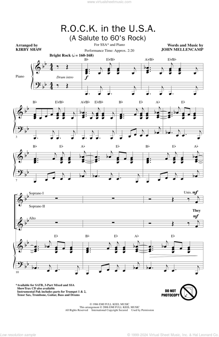 R.O.C.K. In The U.S.A. (A Salute To 60's Rock) sheet music for choir (SSA: soprano, alto) by Kirby Shaw and John Mellencamp, intermediate skill level