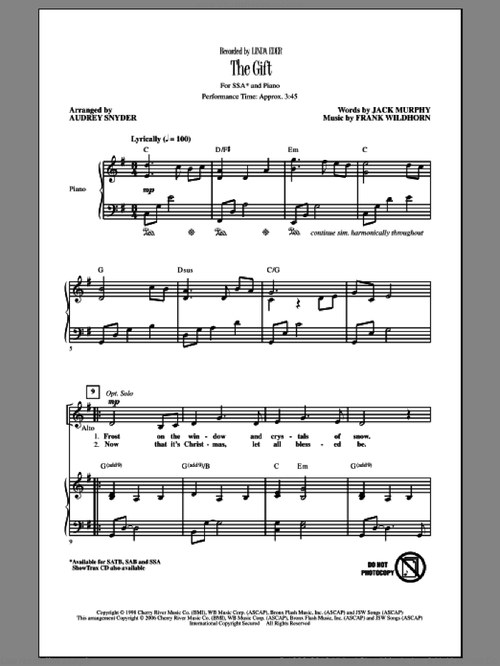 The Gift sheet music for choir (SSA: soprano, alto) by Linda Eder and Audrey Snyder, intermediate skill level