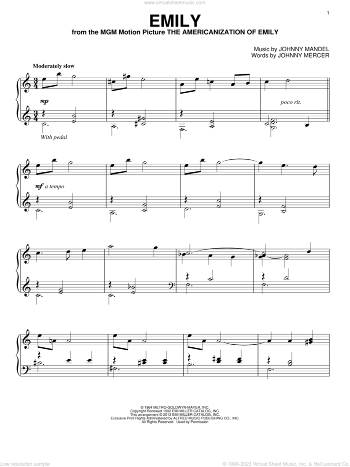 Emily sheet music for piano solo by Johnny Mercer and Johnny Mandel, intermediate skill level