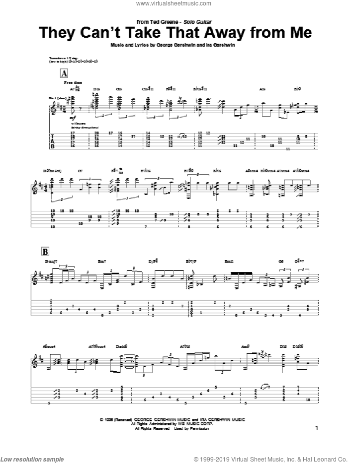 They Can't Take That Away From Me sheet music for guitar (tablature) by Ted Greene, Frank Sinatra, George Gershwin and Ira Gershwin, intermediate skill level