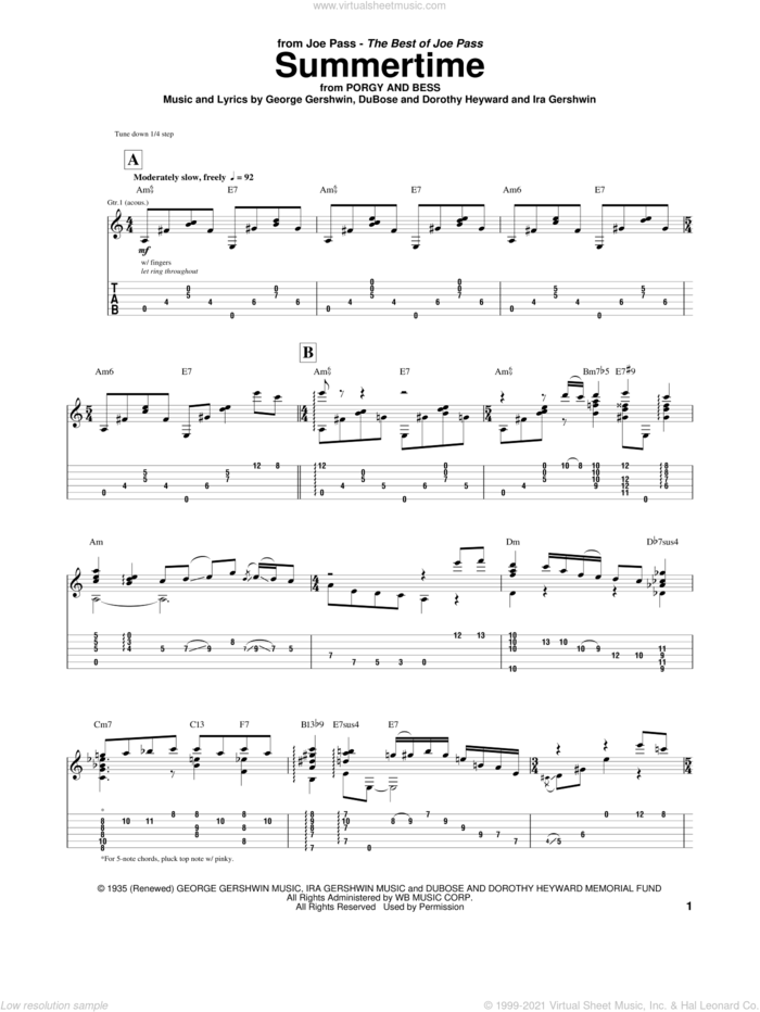 Summertime sheet music for guitar (tablature) by Joe Pass, George Gershwin and Ira Gershwin, intermediate skill level