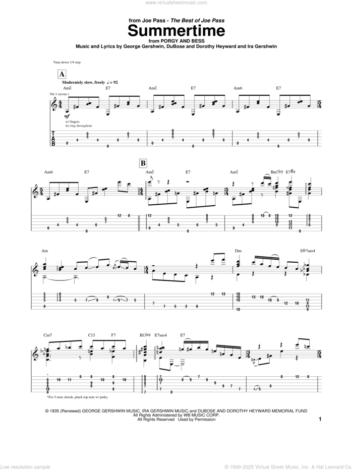 Summertime sheet music for guitar (tablature) by Joe Pass, George Gershwin and Ira Gershwin, intermediate skill level