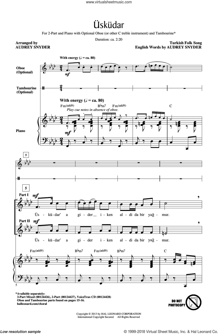 Uskudar sheet music for choir (2-Part) by Audrey Snyder and Turkish Folksong, intermediate duet