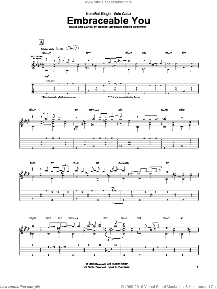 Embraceable You sheet music for guitar (tablature) by Earl Klugh, George Gershwin and Ira Gershwin, wedding score, intermediate skill level