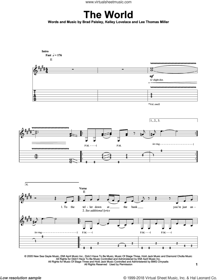 The World sheet music for guitar (tablature, play-along) by Brad Paisley, intermediate skill level