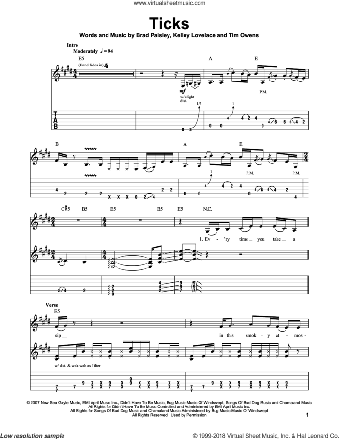 Ticks sheet music for guitar (tablature, play-along) by Brad Paisley, intermediate skill level