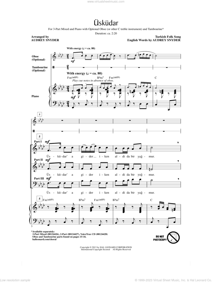 Uskudar sheet music for choir (3-Part Mixed) by Audrey Snyder and Turkish Folksong, intermediate skill level