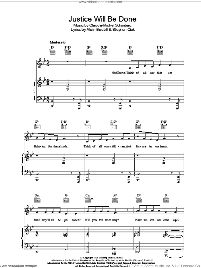 Justice Will Be Done (from Martin Guerre) sheet music for voice, piano or guitar by Claude-Michel Schonberg, Martin Guerre (Musical), Alain Boublil, Boublil and Schonberg and Steve Clark, intermediate skill level