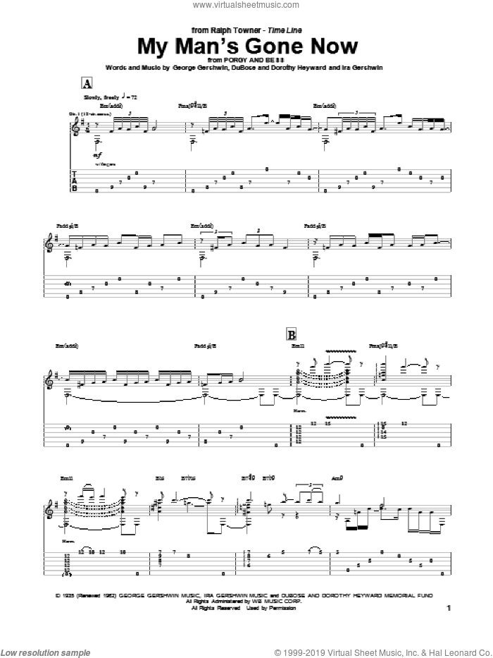 My Man's Gone Now sheet music for guitar (tablature) by Ralph Towner, Dorothy Heyward, DuBose Heyward, George Gershwin and Ira Gershwin, intermediate skill level