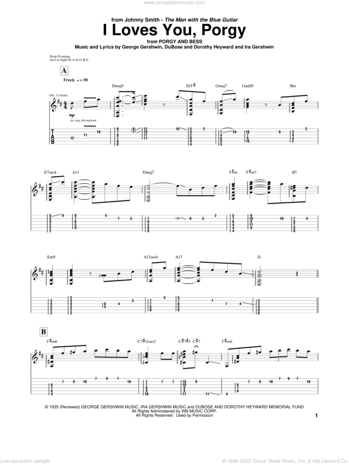 I Loves You, Porgy sheet music for guitar (tablature) by Johnny Smith, George Gershwin and Ira Gershwin, intermediate skill level