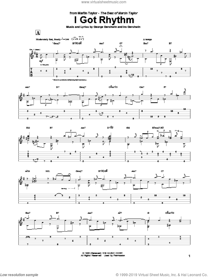 I Got Rhythm sheet music for guitar (tablature) by Martin Taylor, George Gershwin and Ira Gershwin, intermediate skill level