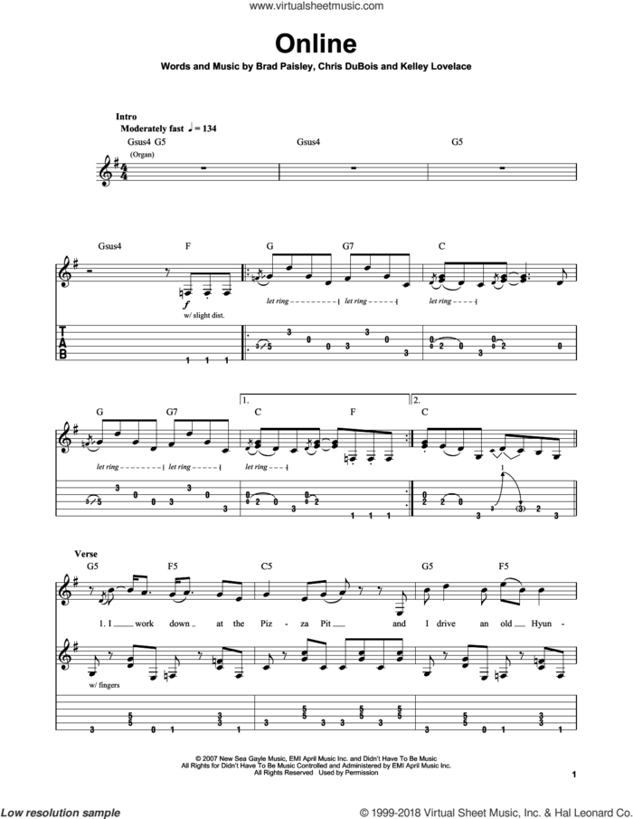 Online sheet music for guitar (tablature, play-along) by Brad Paisley, intermediate skill level