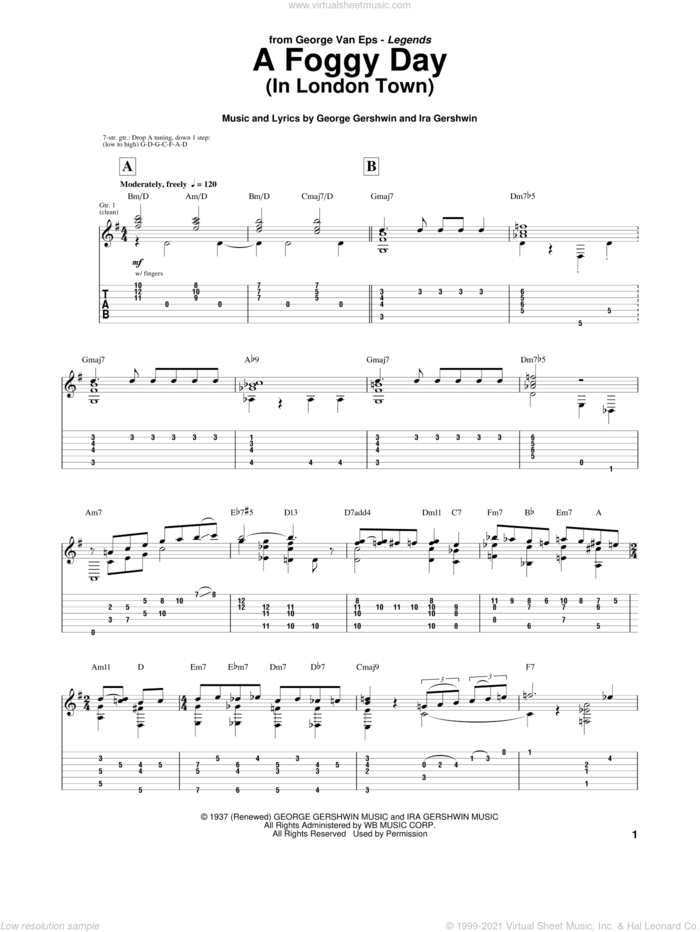 A Foggy Day (In London Town) sheet music for guitar (tablature) by Van Eps, George, George Gershwin and Ira Gershwin, intermediate skill level