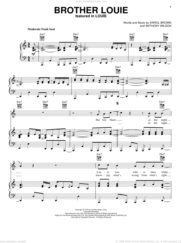 Brother Louie sheet music for voice, piano or guitar by Hot Chocolate, intermediate skill level