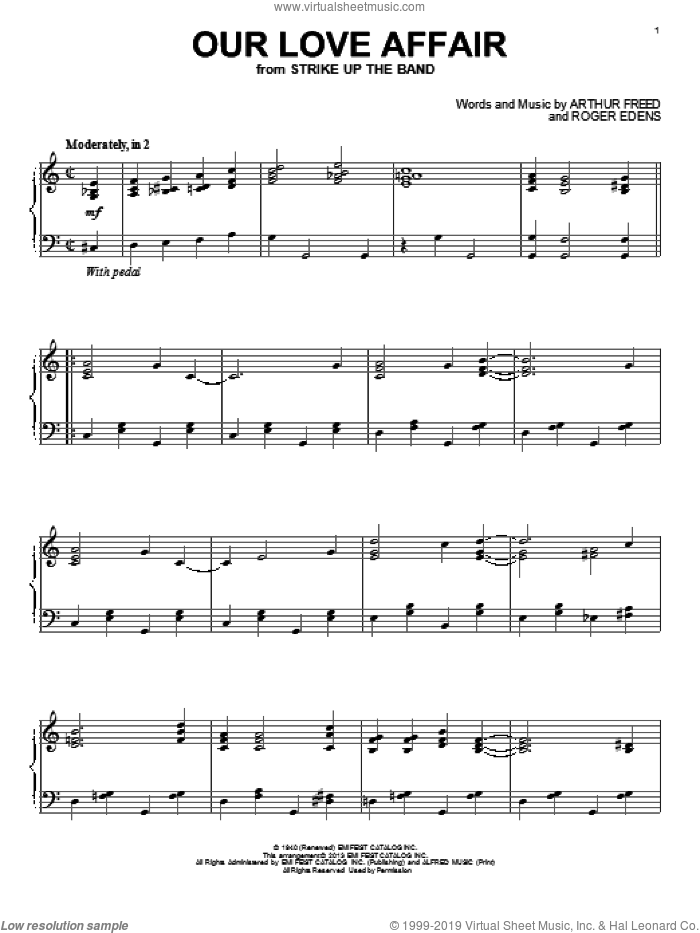 Our Love Affair sheet music for piano solo by Roger Edens and Arthur Freed, intermediate skill level