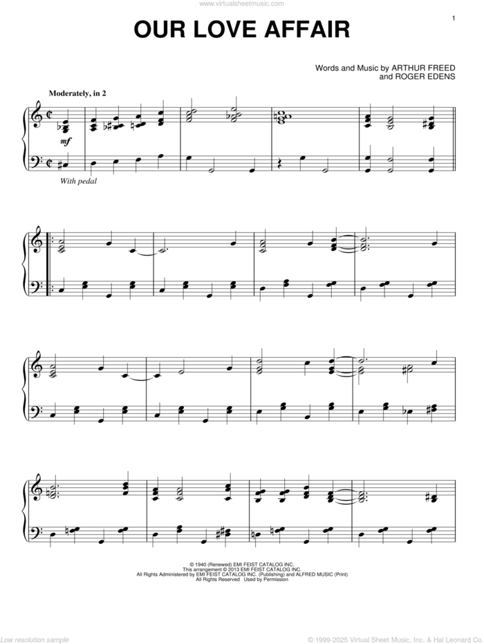 Our Love Affair sheet music for piano solo by Roger Edens and Arthur Freed, intermediate skill level